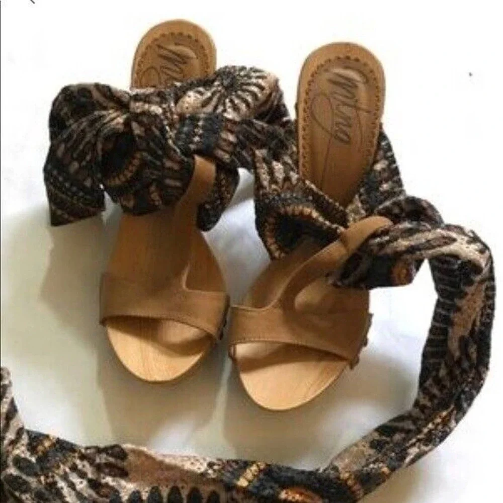 Mtng spectacular wood sandals cloth tie heels 36‎